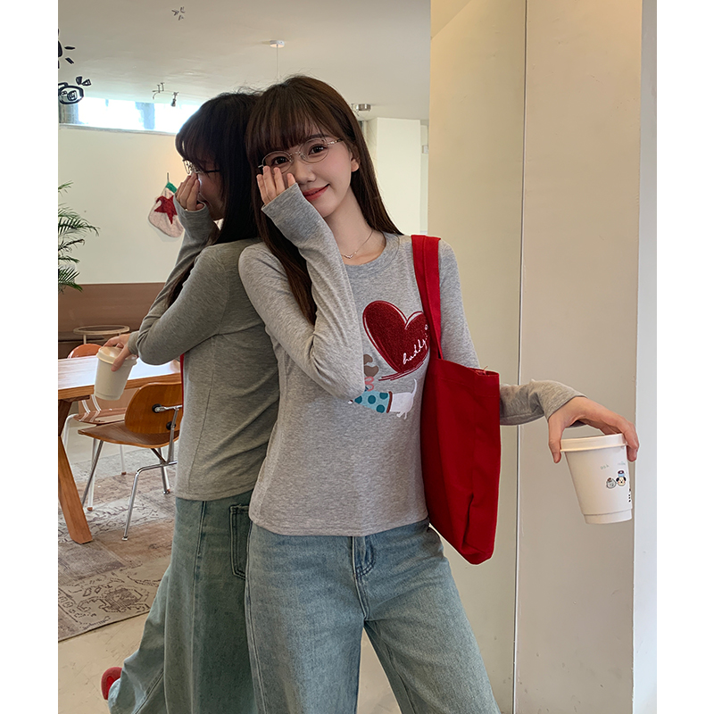 Gray sueding tops heart autumn and winter T-shirt