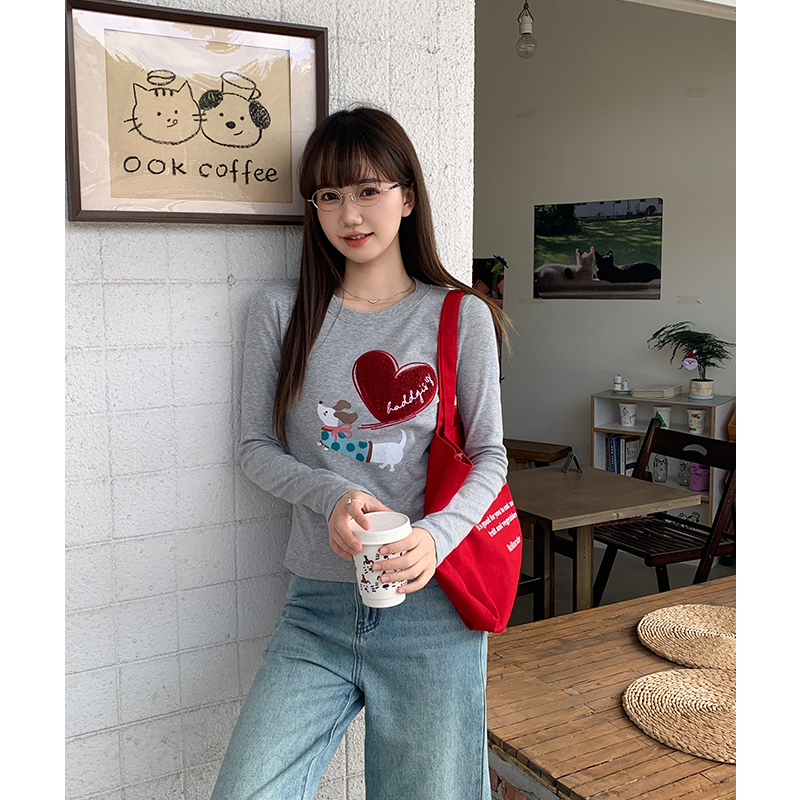 Gray sueding tops heart autumn and winter T-shirt