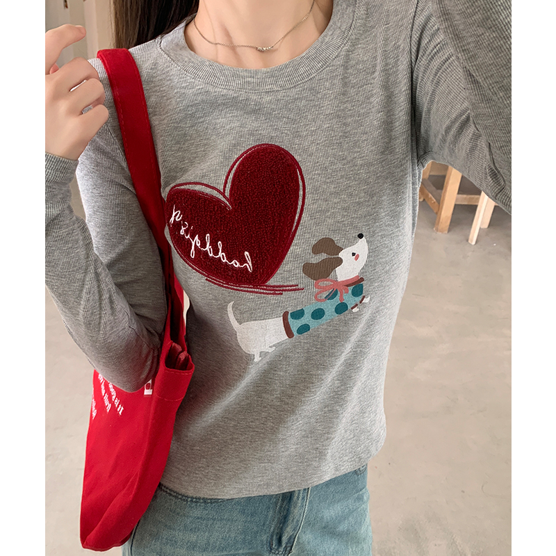 Gray sueding tops heart autumn and winter T-shirt