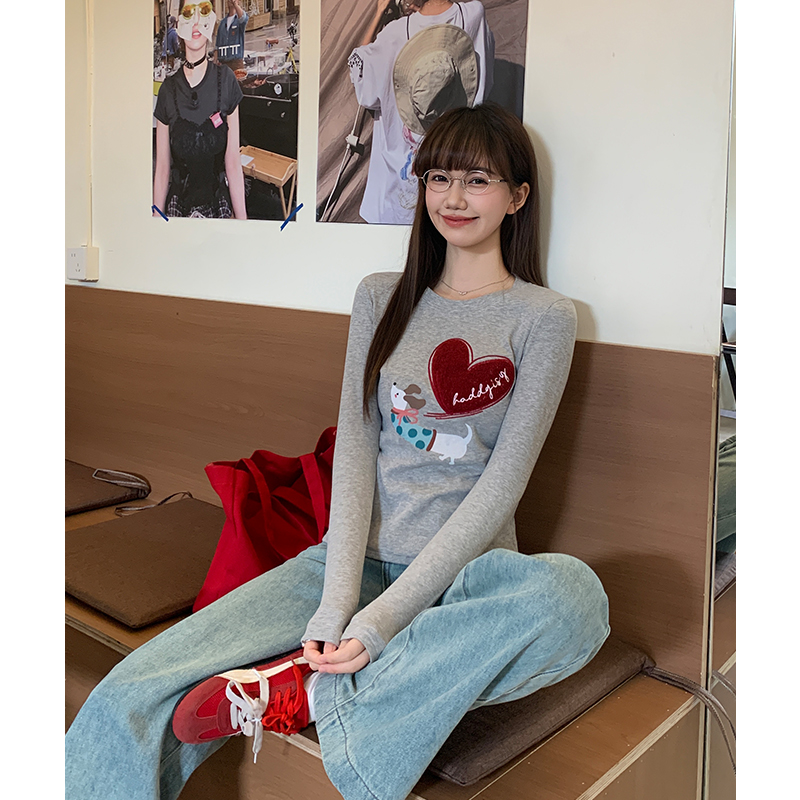 Gray sueding tops heart autumn and winter T-shirt