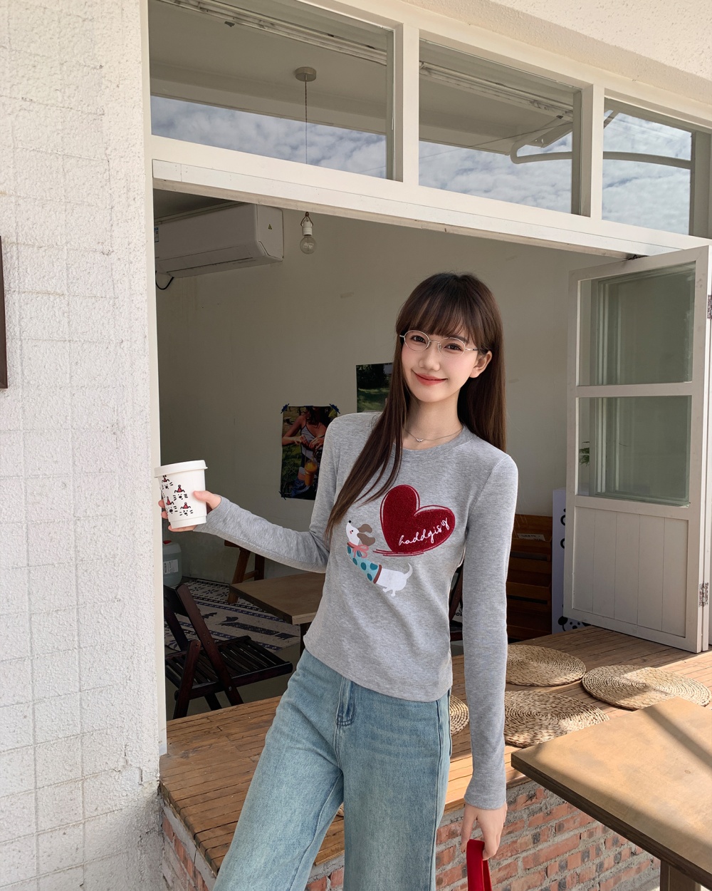 Gray sueding tops heart autumn and winter T-shirt