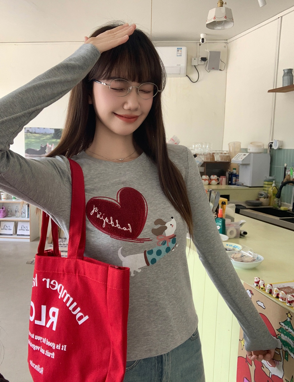 Gray sueding tops heart autumn and winter T-shirt