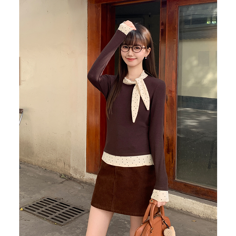 Long sleeve polka dot T-shirt mixed colors scarves for women