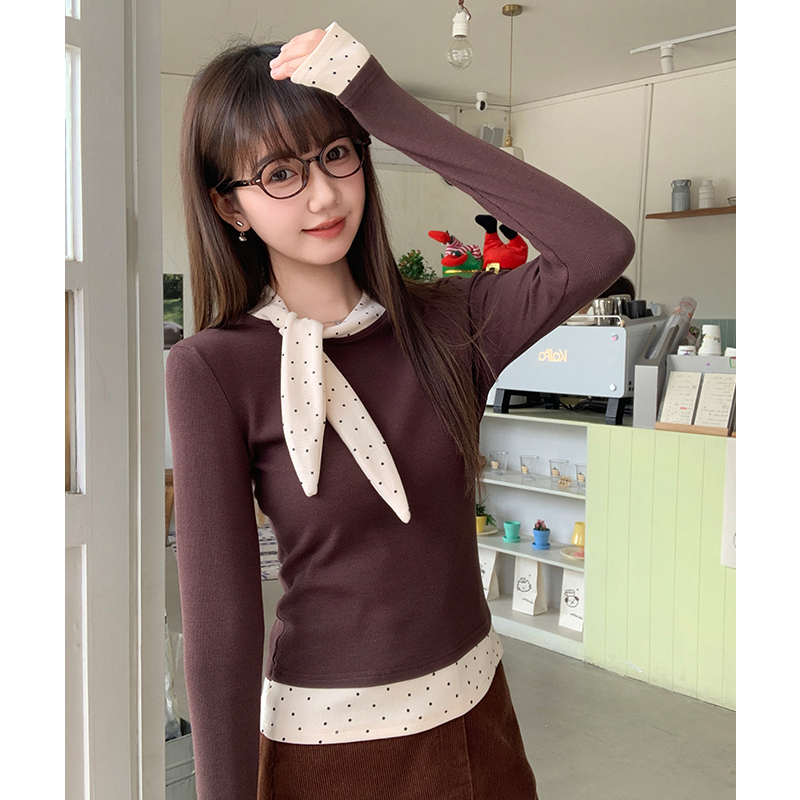 Long sleeve polka dot T-shirt mixed colors scarves for women