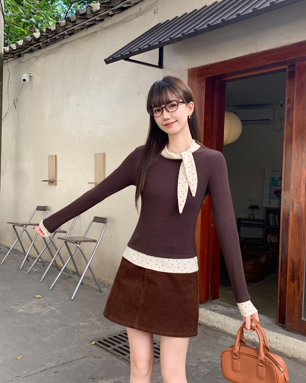 Long sleeve polka dot T-shirt mixed colors scarves for women