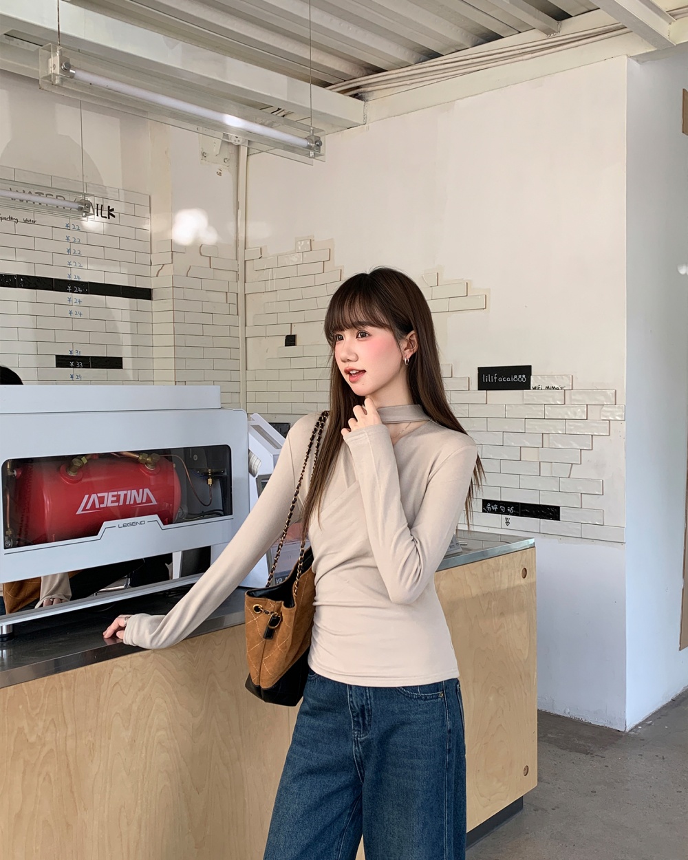 Slim halter bottoming shirt long sleeve T-shirt for women