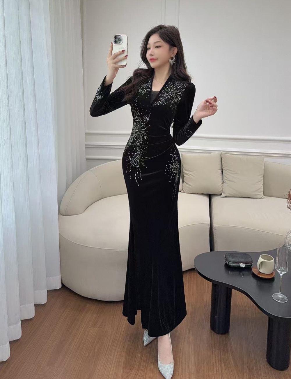 Lace slim long sleeve package hip temperament splice dress