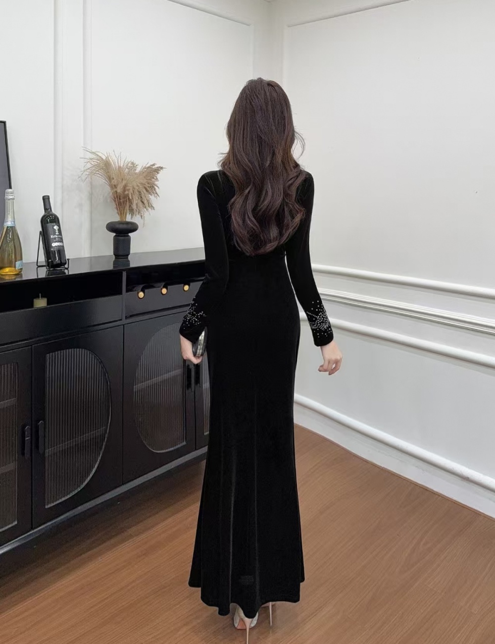 Lace slim long sleeve package hip temperament splice dress