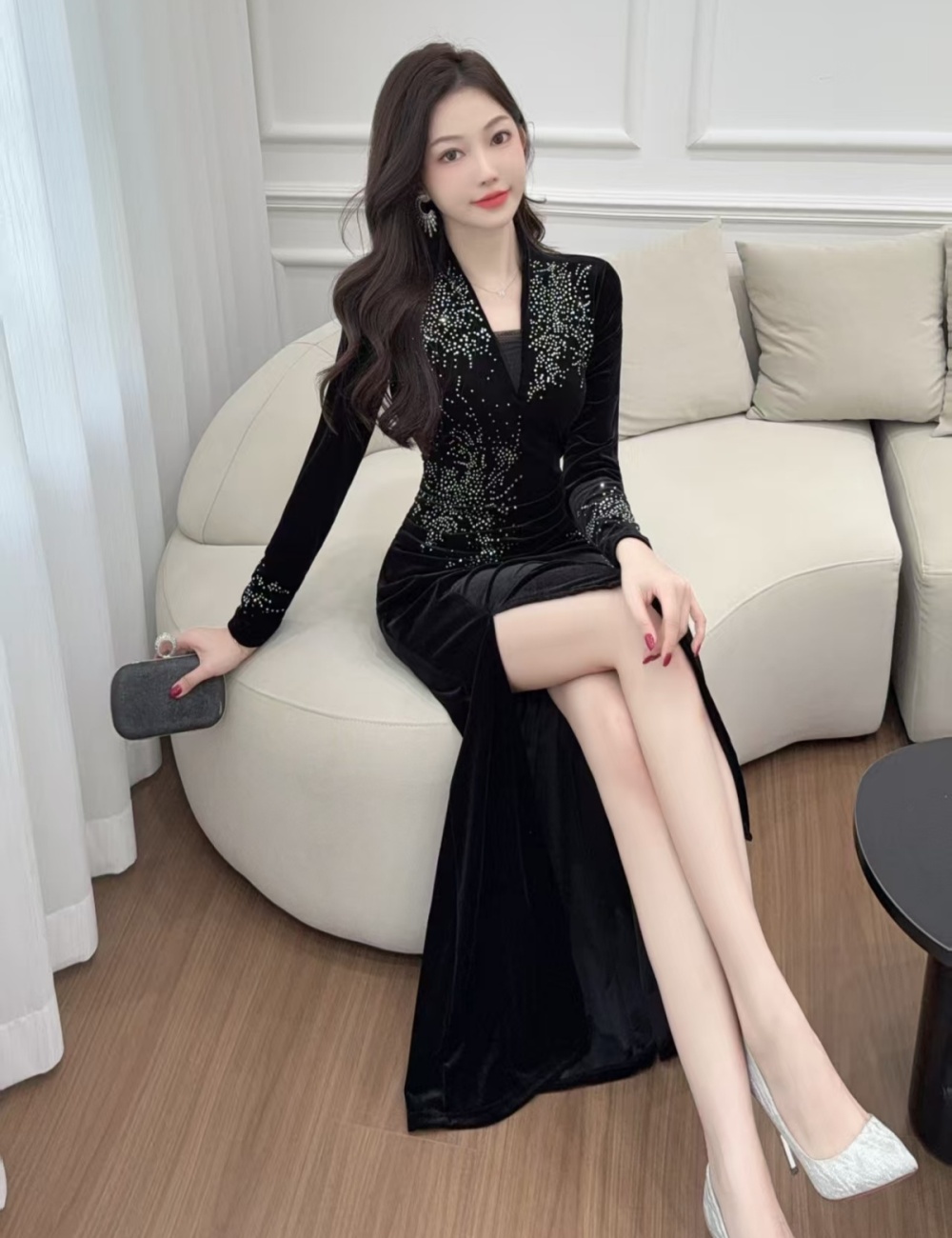 Lace slim long sleeve package hip temperament splice dress