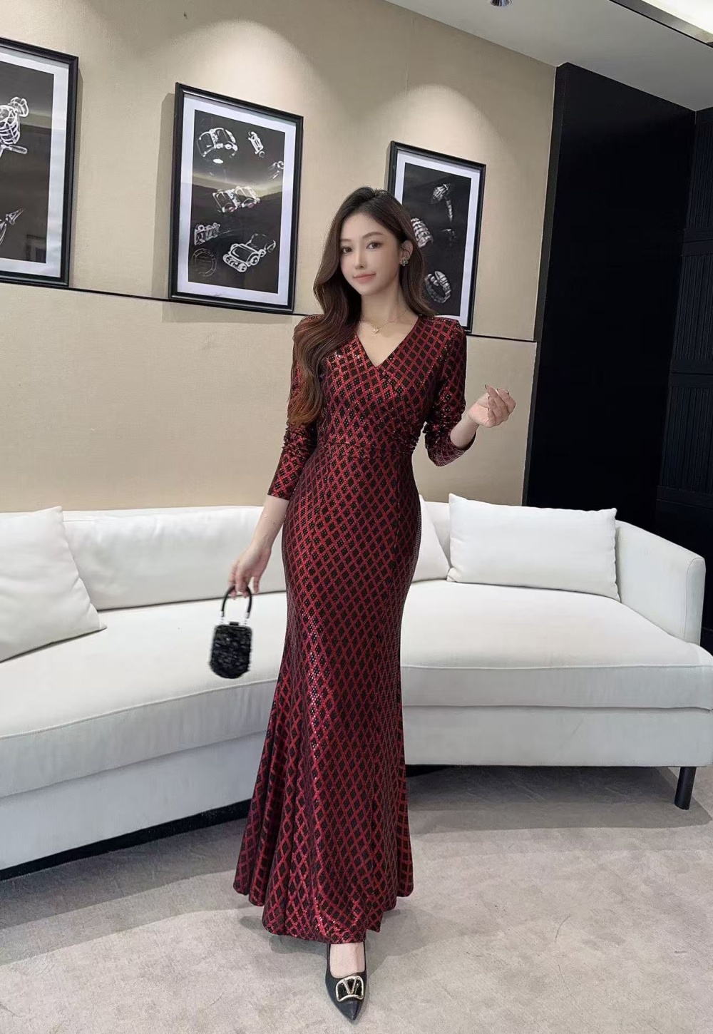 Sexy printing evening dress temperament dress