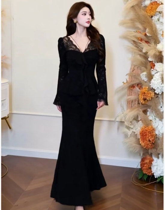 Lace package hip skirt pinched waist long skirt a set