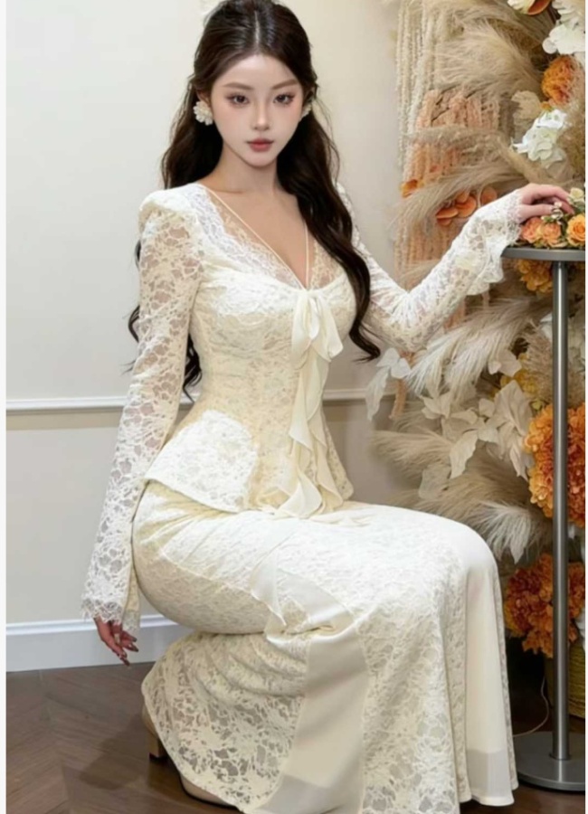 Lace package hip skirt pinched waist long skirt a set