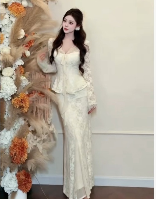 Lace package hip skirt pinched waist long skirt a set