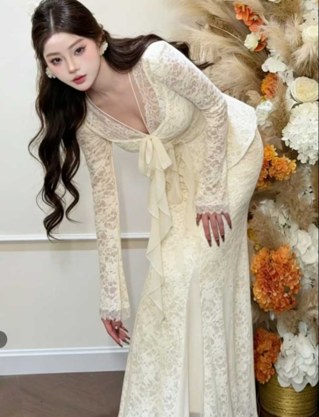 Lace package hip skirt pinched waist long skirt a set