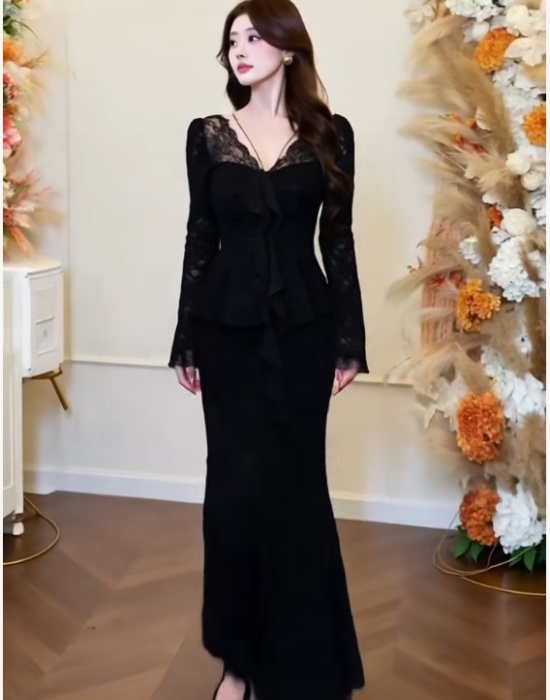 Lace package hip skirt pinched waist long skirt a set