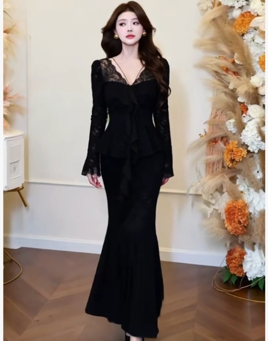 Lace package hip skirt pinched waist long skirt a set