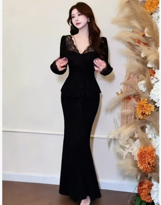 Lace package hip skirt pinched waist long skirt a set