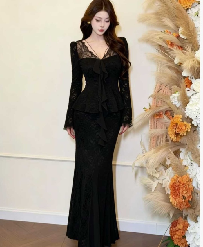 Lace package hip skirt pinched waist long skirt a set