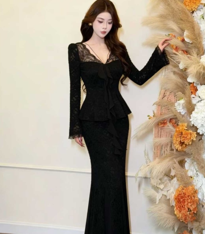 Lace package hip skirt pinched waist long skirt a set