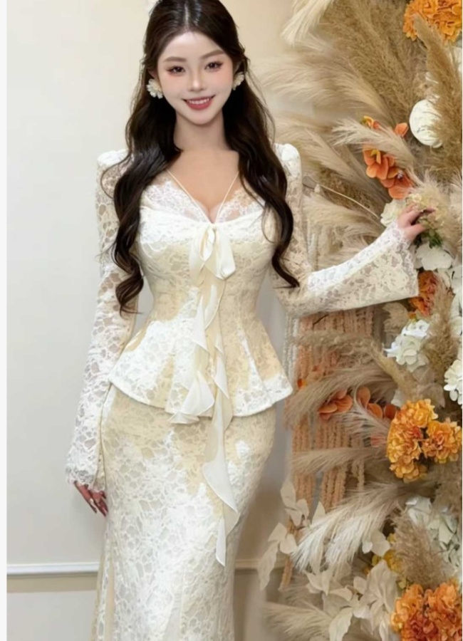 Lace package hip skirt pinched waist long skirt a set