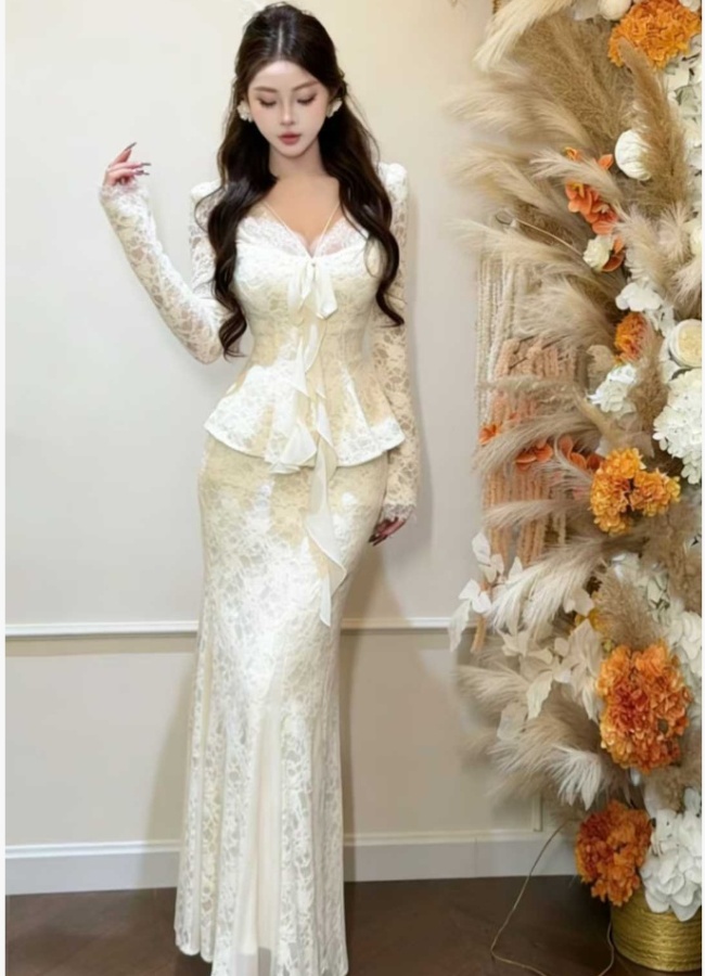 Lace package hip skirt pinched waist long skirt a set