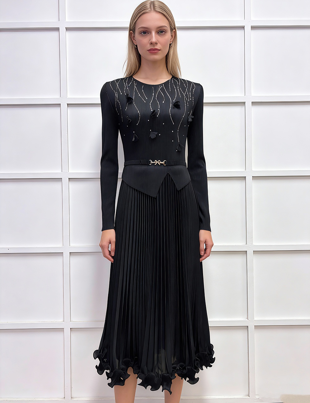 Pleated flowers decoration fold rhinestone loose dress