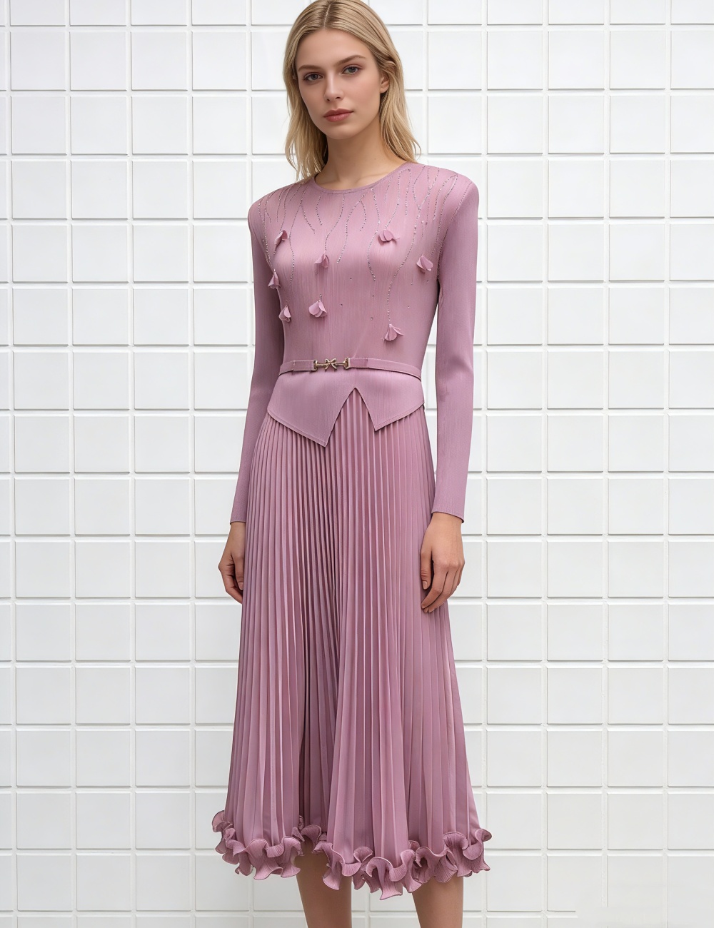 Pleated flowers decoration fold rhinestone loose dress