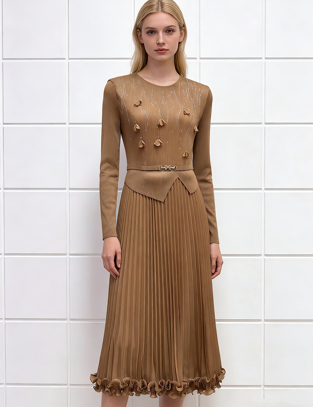 Pleated flowers decoration fold rhinestone loose dress