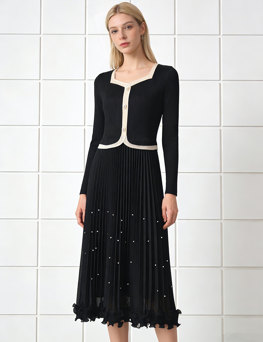 Beading slim pleated wood ear fold loose dress