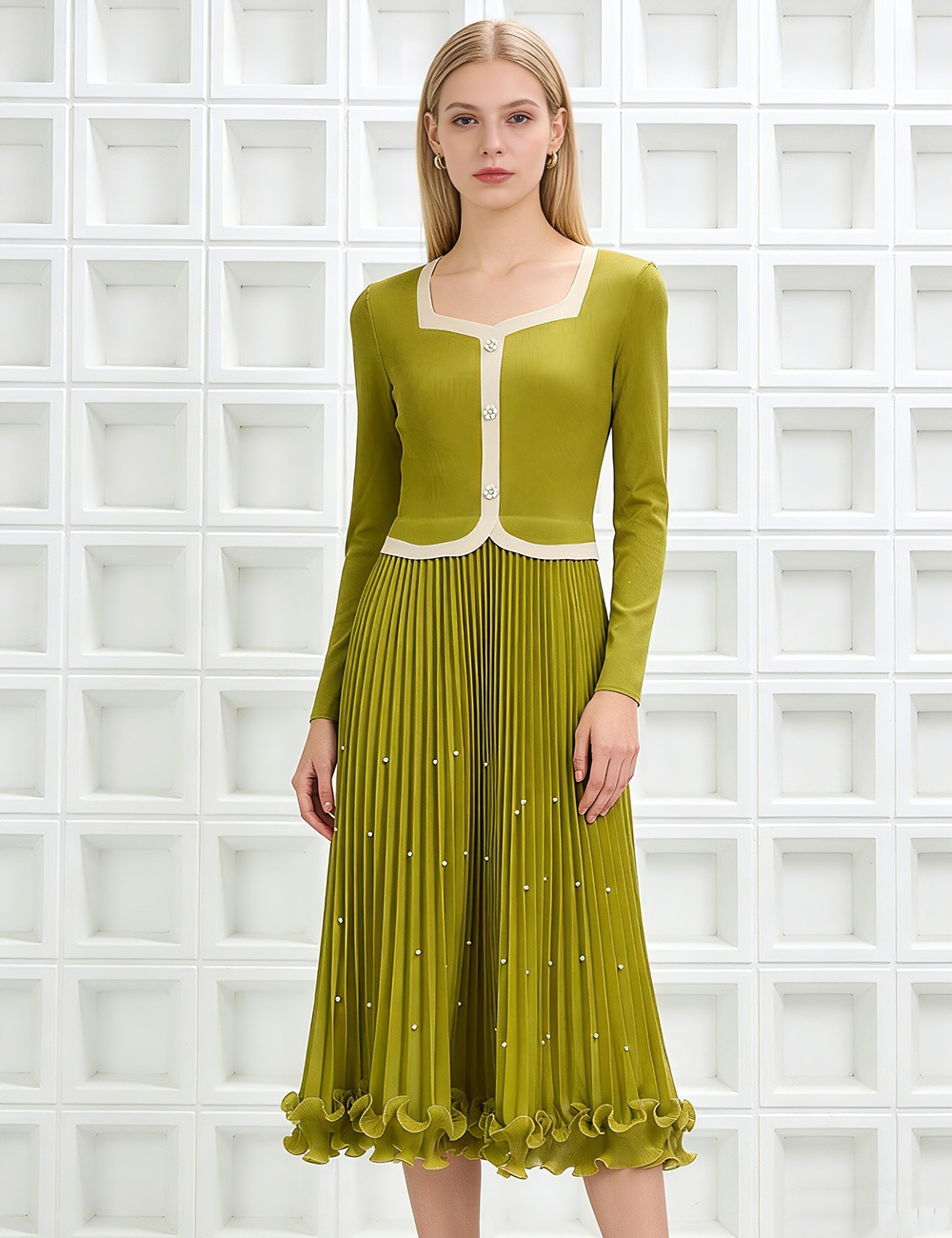 Beading slim pleated wood ear fold loose dress