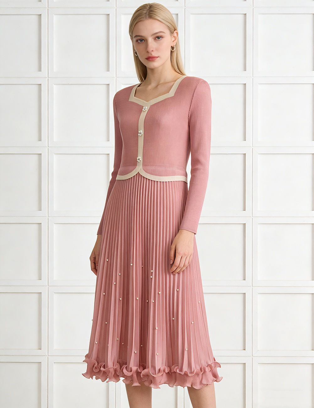 Beading slim pleated wood ear fold loose dress