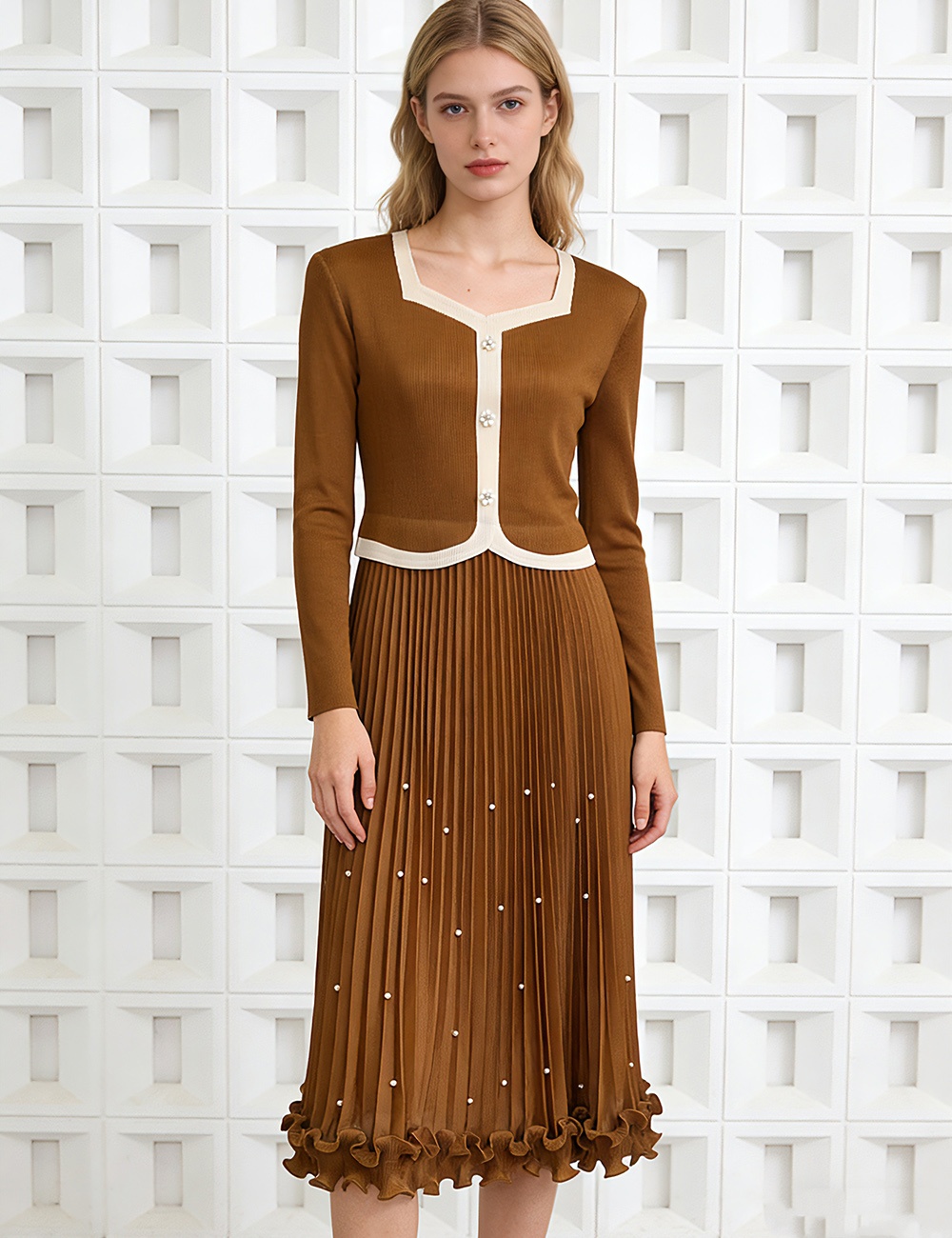 Beading slim pleated wood ear fold loose dress