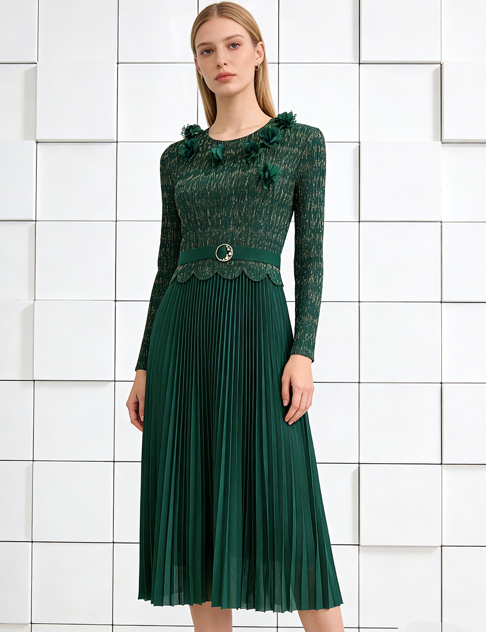 Bronzing European style dress pleated long dress