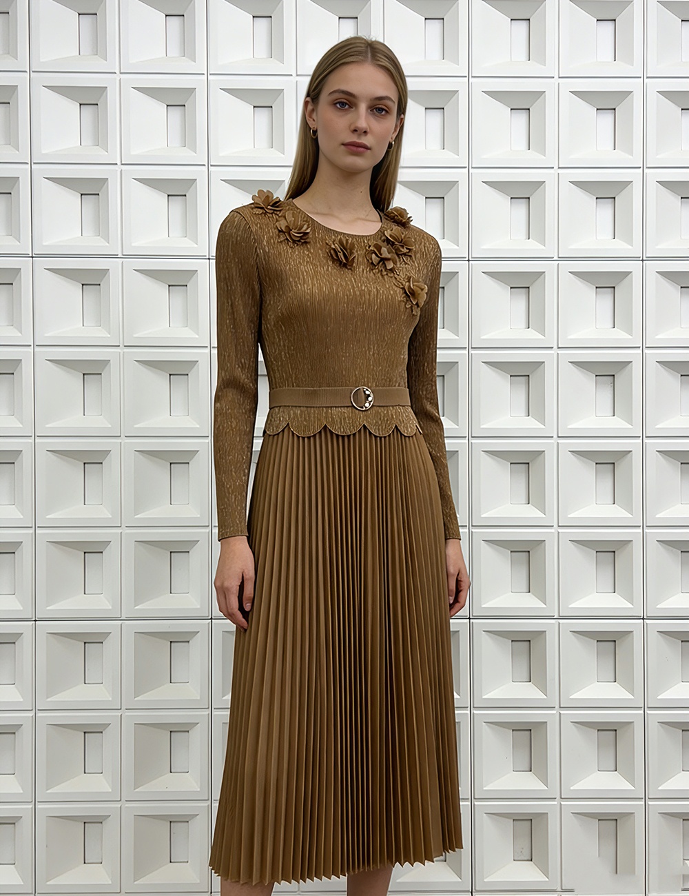 Bronzing European style dress pleated long dress