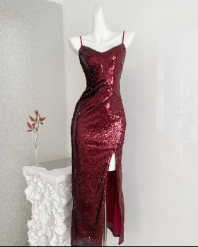 Temperament wrapped chest dress wine-red long dress for women