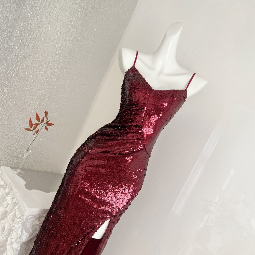 Temperament wrapped chest dress wine-red long dress for women