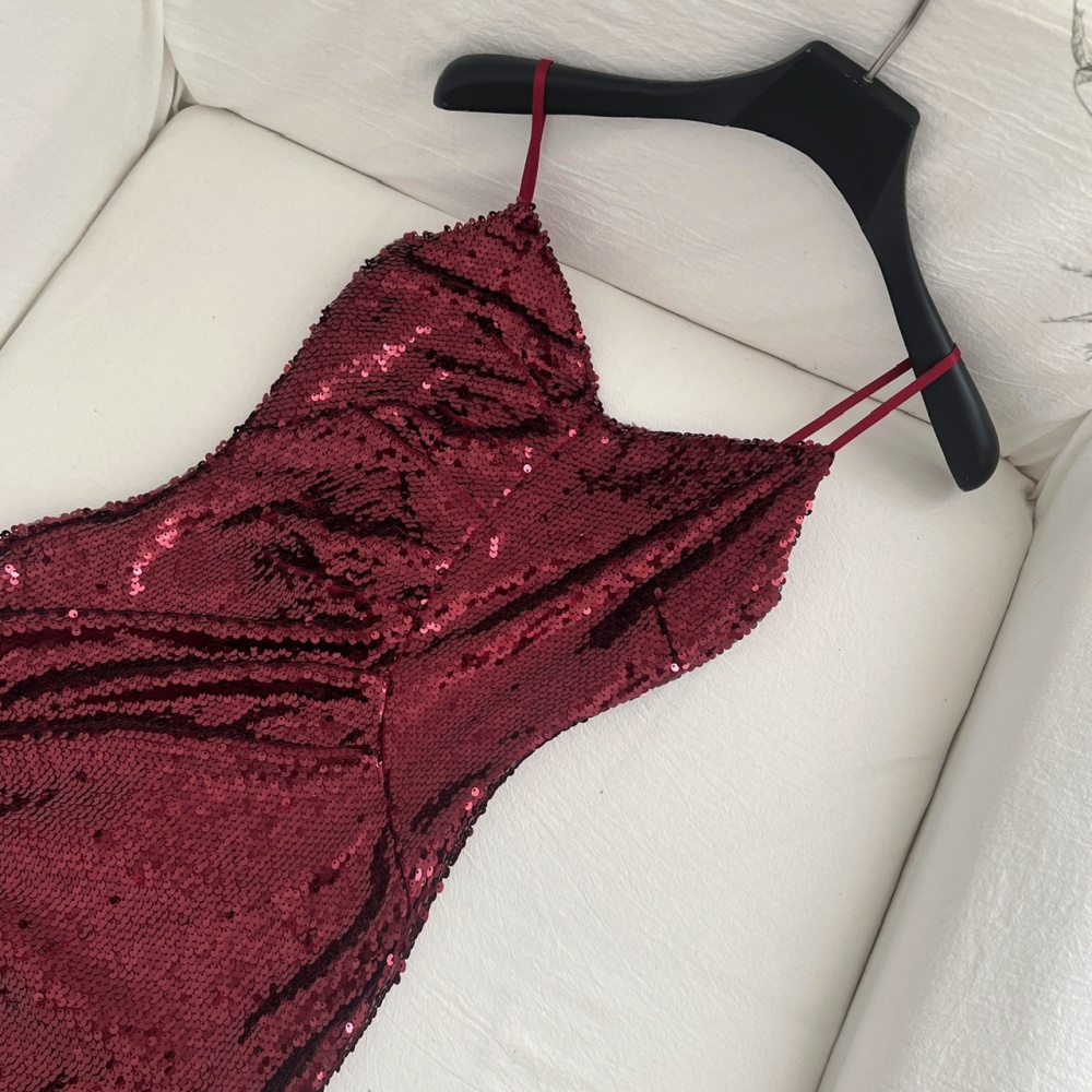 Temperament wrapped chest dress wine-red long dress for women