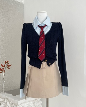 Pseudo-two knitted short skirt all-match tops 2pcs set