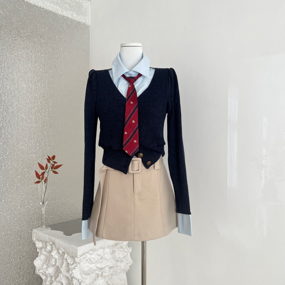 Pseudo-two knitted short skirt all-match tops 2pcs set