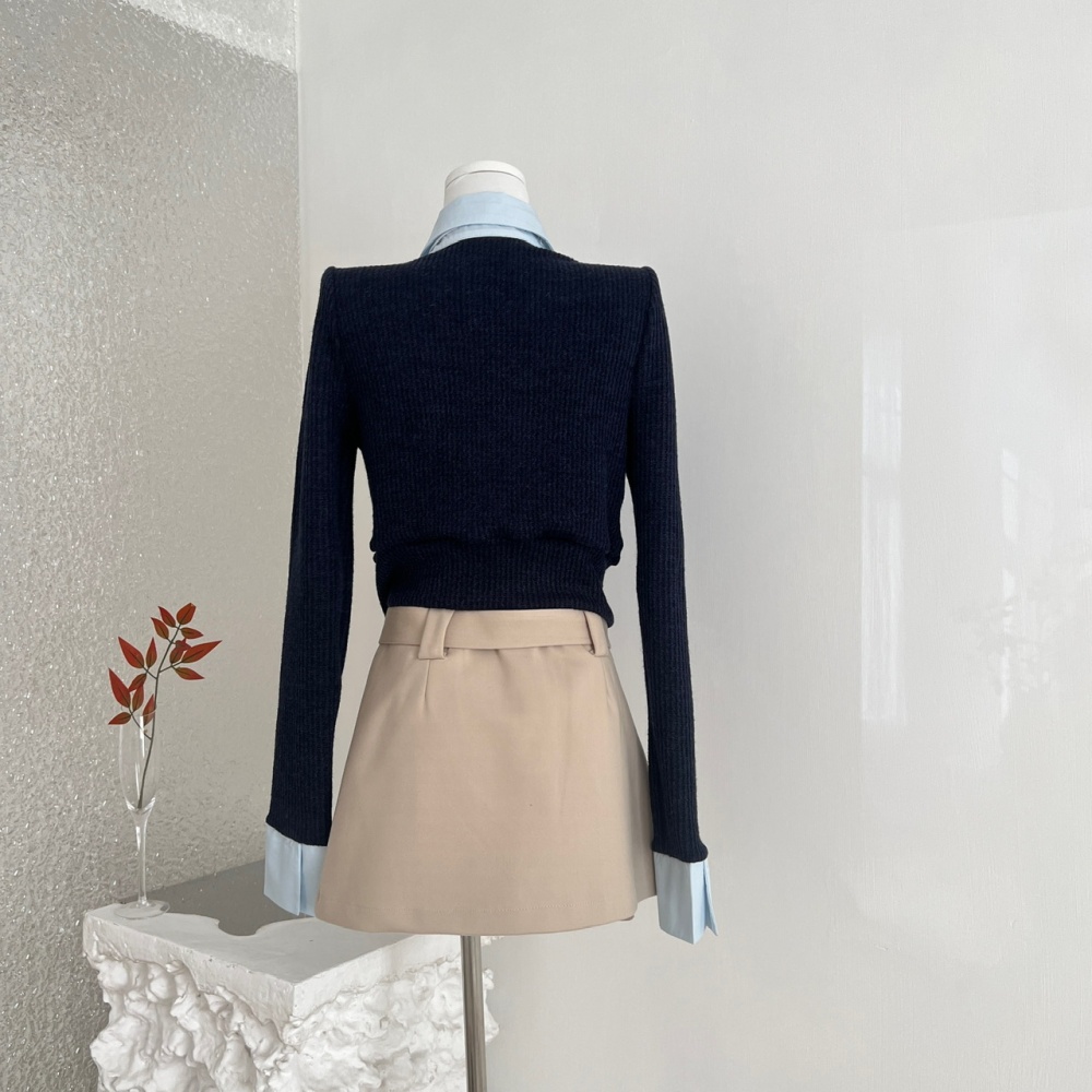 Pseudo-two knitted short skirt all-match tops 2pcs set