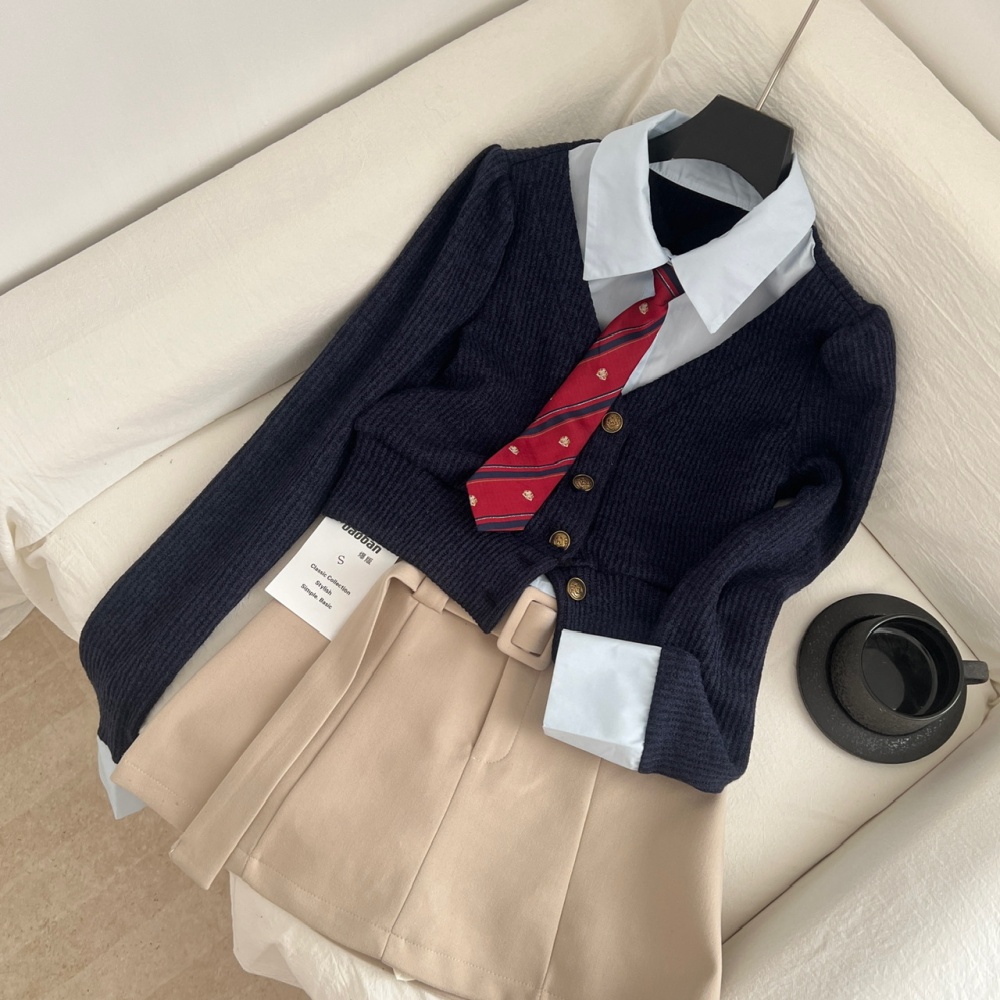 Pseudo-two knitted short skirt all-match tops 2pcs set