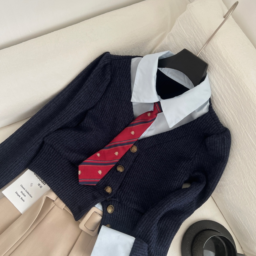 Pseudo-two knitted short skirt all-match tops 2pcs set