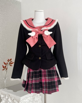 Thick plaid slim tops fashion pink skirt a set