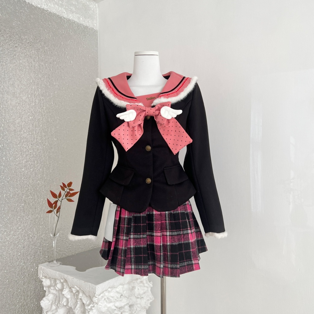 Thick plaid slim tops fashion pink skirt a set