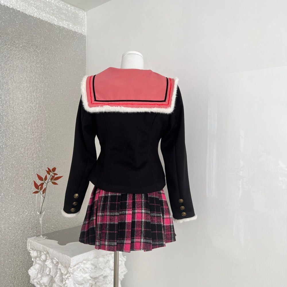 Thick plaid slim tops fashion pink skirt a set