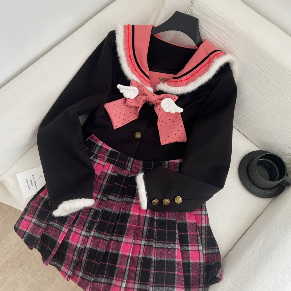Thick plaid slim tops fashion pink skirt a set