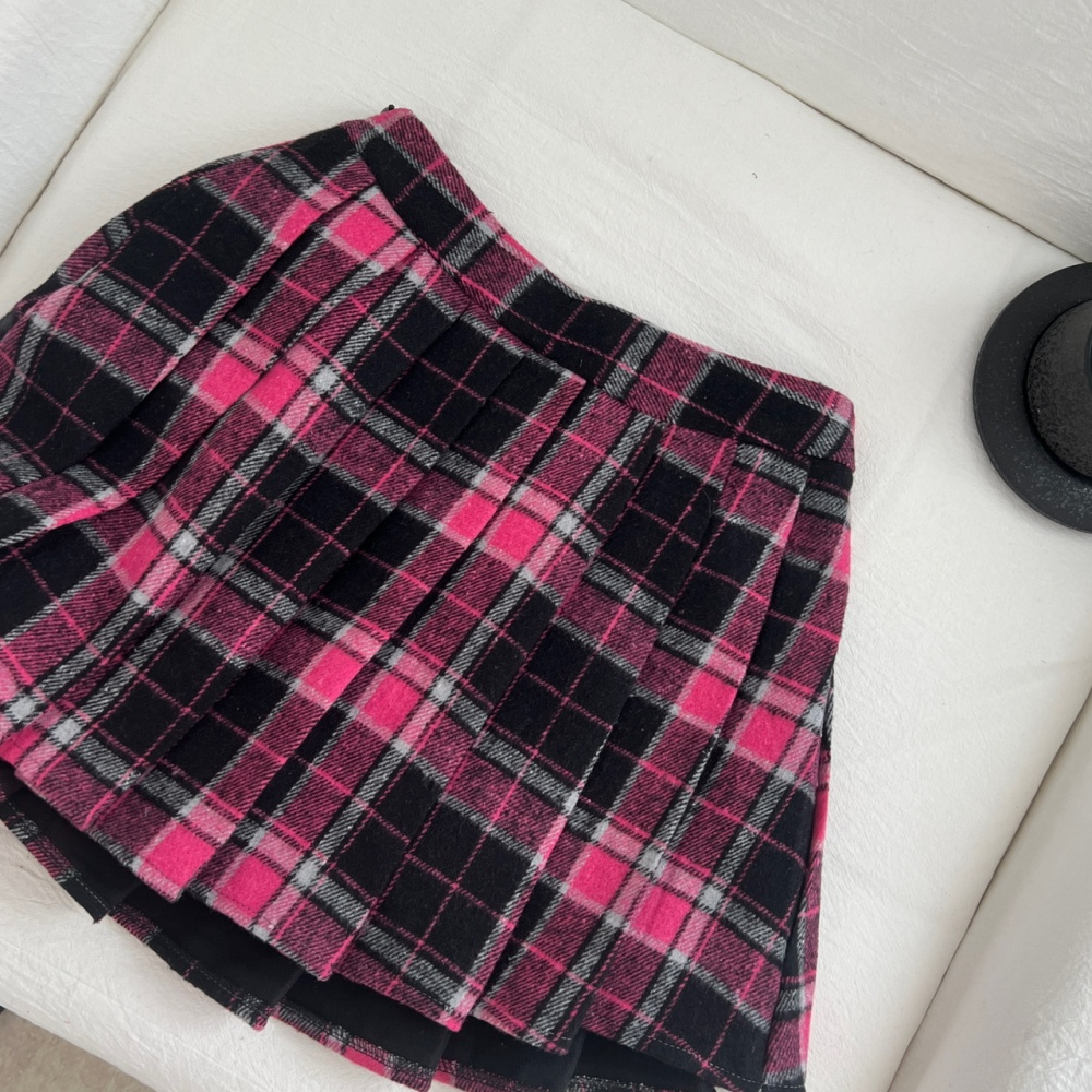 Thick plaid slim tops fashion pink skirt a set