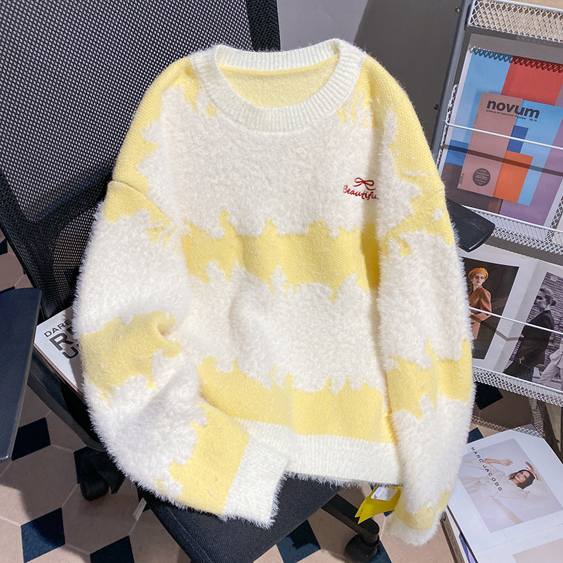 Knitted mixed colors sweater round neck bottoming shirt for women