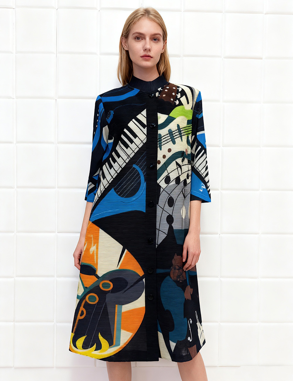 Long Pleats Please nine points sleeve printing dress