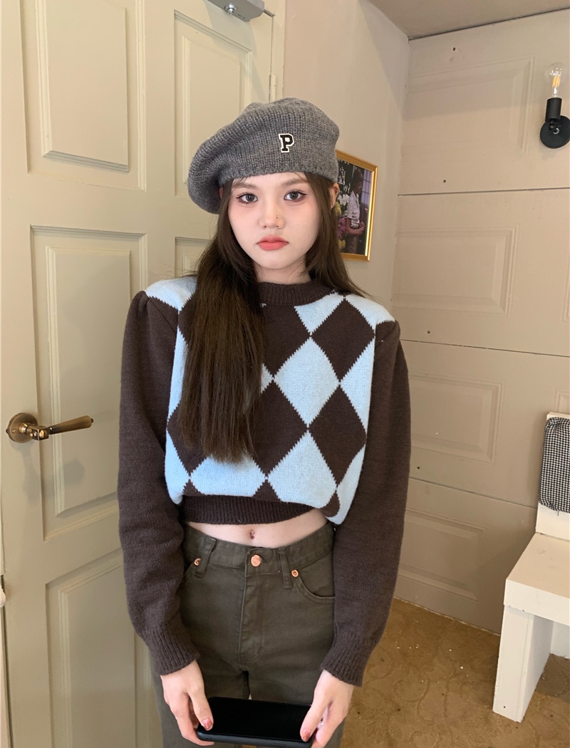 Round neck pullover quilted thick retro sweater for women